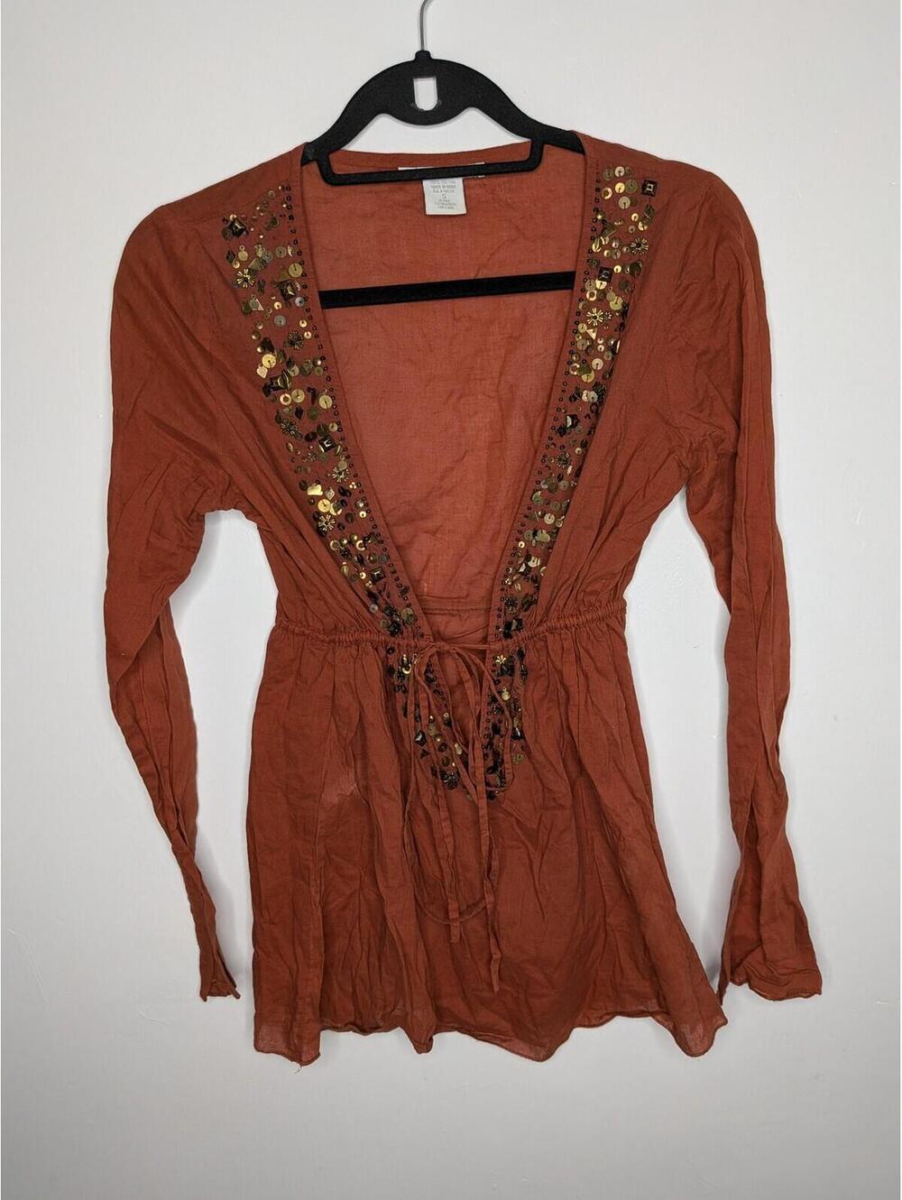 Charlotte Russe Blouse Juniors S Orange Beaded Sequin V Neck Tunic Top Sheer